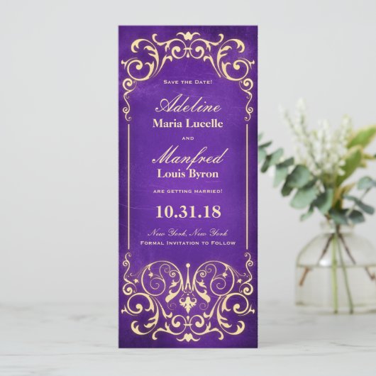 Nieuw Victoriaans: Gold & Eggplant sparen de Datum Save The Date (Staand voorkant)