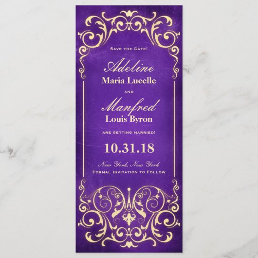 Nieuw-Victoriaans: Goud & Aubergine Save the Date (Voorkant)