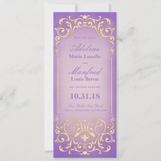 Nieuw-Victoriaans: Pretty Lilac Goud Save the Date (Voorkant)