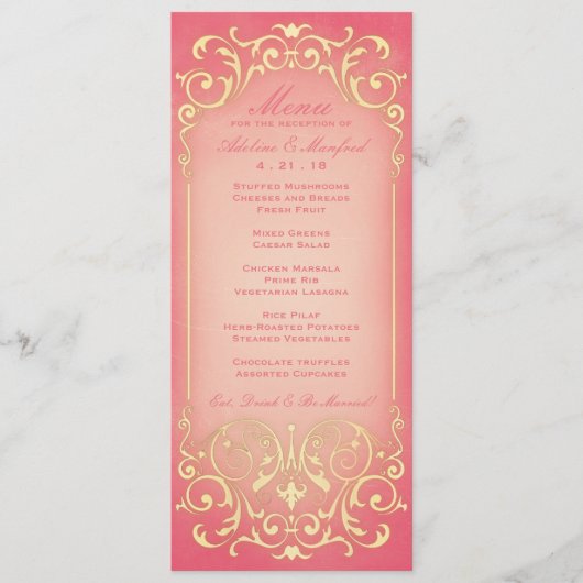 Nieuw Victoriaans: Raspberry & Gold Wedding Menu (Voorkant)