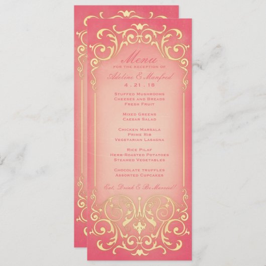 Nieuw Victoriaans: Raspberry & Gold Wedding Menu (Voorkant / Achterkant)