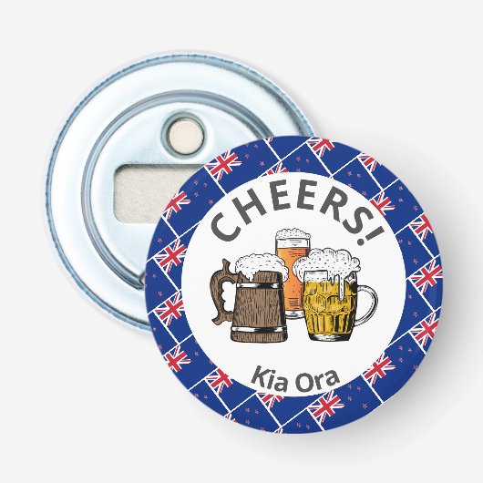 NIEUW-ZEELAND Cheers Kia Ora Beer Button Flesopener (Voorkant)