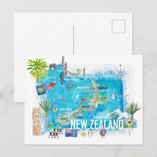 Nieuw-Zeeland geïllustreerde reisgids Briefkaart (Voorkant / Achterkant)
