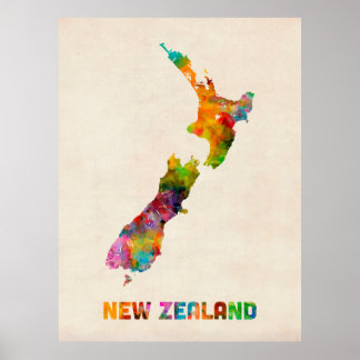 Nieuw-Zeeland, kaart van de Waterverf Poster