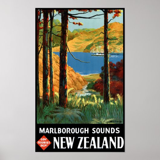 Nieuw-Zeeland Marlborough Sound Vintage Poster (Voorkant)
