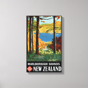Nieuw-Zeeland Marlborough Sound Vintage Poster Canvas Afdruk