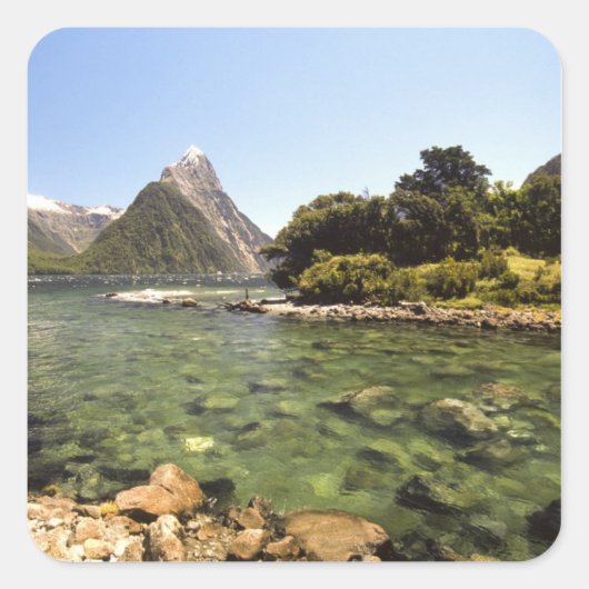 Nieuw-Zeeland, Miter Peak en Bowen die de rivier b Vierkante Sticker (Voorkant)