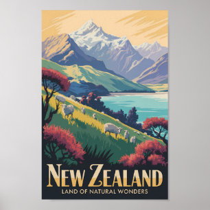 Nieuw-Zeeland Schapen Illustratie Reis Kunst Vinta Poster