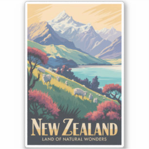 Nieuw-Zeeland Schapen Illustratie Reis Kunst Vinta Sticker