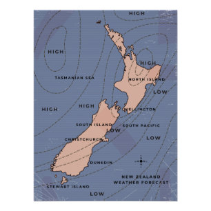 Nieuw-Zeeland Vintage weerkaart Perfect Poster