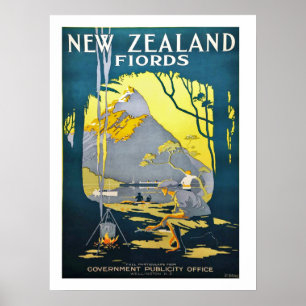 Nieuw-Zeelandse fjorden, vintage-reisposter Poster