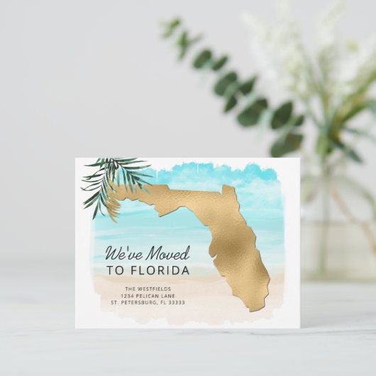 Nieuwe Adres Florida Map Beach Scene Moving Aankondigingskaart (Staand voorkant)