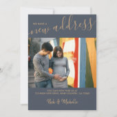 Nieuwe Adres Foto en Elegant Script Blue Moving Aankondiging (Voorkant)