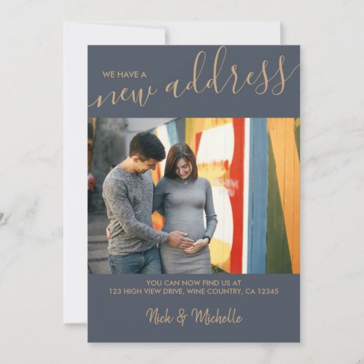 Nieuwe Adres Foto en Elegant Script Blue Moving Aankondiging (Voorkant)