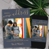 Nieuwe Adres Foto en Elegant Script Blue Moving Aankondiging