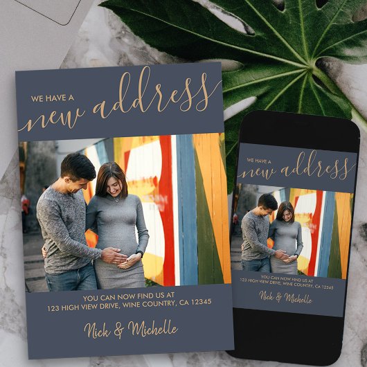 Nieuwe Adres Foto en Elegant Script Blue Moving Aankondiging
