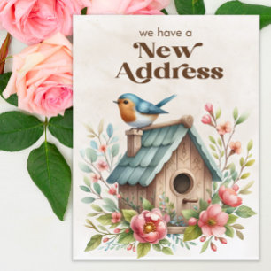 Nieuwe adres verhuisbericht vogelhuis bloemen aankondigingskaart