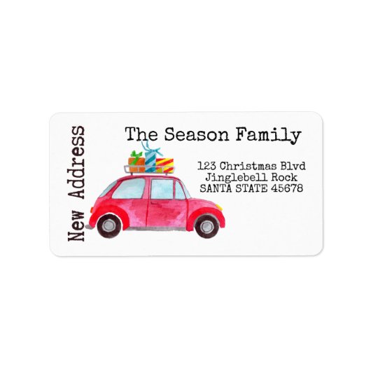 Nieuwe adresauto en kerstcadeaus etiket (Voorkant)