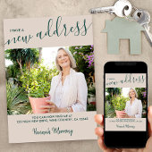 Nieuwe adresfoto en legant Script Beige Moving Aankondiging