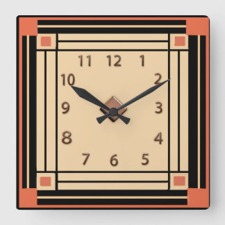 Nieuwe Art Deco-stijl (Oranje, zwart en crème) Vierkante Klok