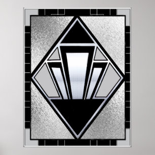 Nieuwe Art Deco Zilver en Zwart Poster