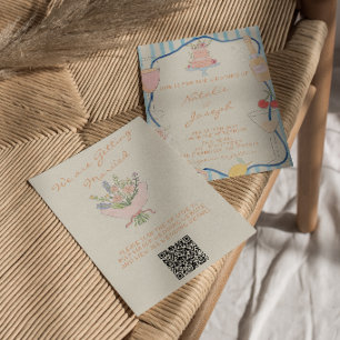 Nieuwe Art Hand Getekende Gestreepte QR Code Huwel Kaart
