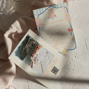 Nieuwe Art Hand Getekende Gestreepte QR Code Huwel Kaart