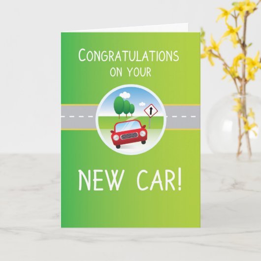 Nieuwe auto gefeliciteerd, auto onderweg kaart (Gele Bloem)