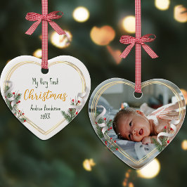 Nieuwe Baby 1st-mas Holly & Pine Gold Lijst Foto Keramisch Ornament