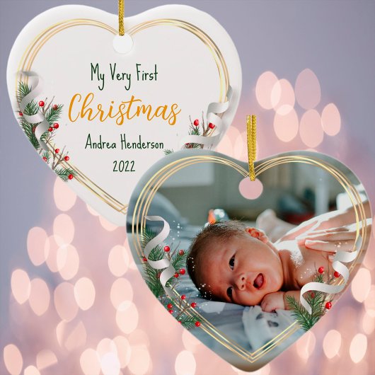 Nieuwe Baby 1st-mas Holly & Pine Gold Lijst Foto Keramisch Ornament