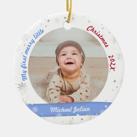 Nieuwe baby 2 Foto's Mijn eerste prettige kerstfee Keramisch Ornament (Voorkant)