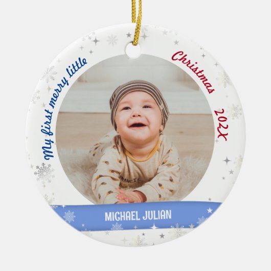 Nieuwe baby 2 Foto's Mijn eerste prettige kerstfee Keramisch Ornament (Voorkant)