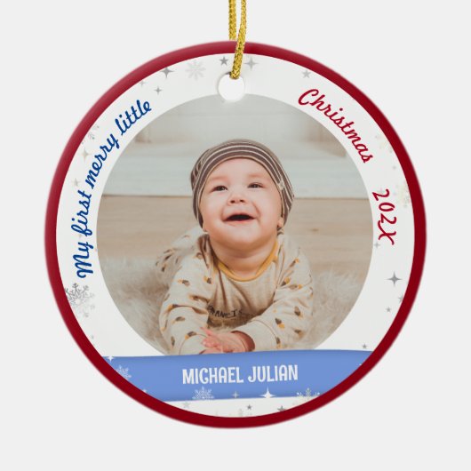 Nieuwe baby 2 Foto's Mijn eerste prettige kerstfee Keramisch Ornament (Voorkant)