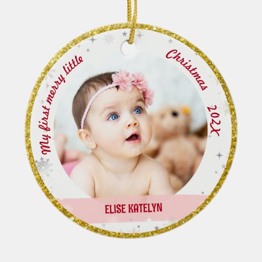 Nieuwe baby 2 Foto's Mijn eerste prettige kerstfee Keramisch Ornament (Voorkant)
