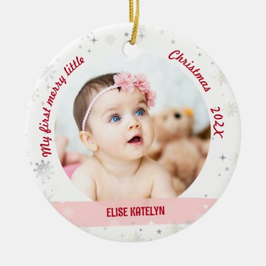 Nieuwe baby 2 Foto's Mijn eerste prettige kerstfee Keramisch Ornament (Voorkant)