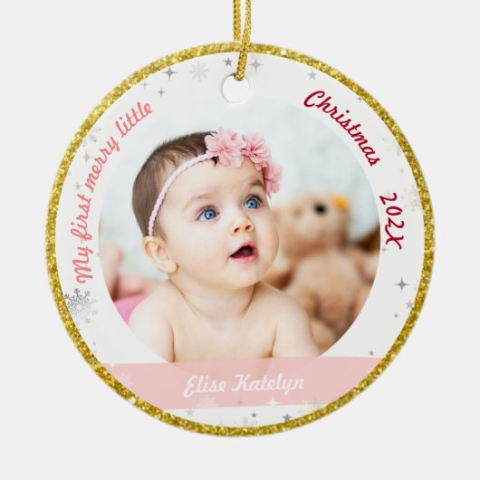 Nieuwe baby 2 Foto's Mijn eerste prettige kerstfee Keramisch Ornament (Voorkant)
