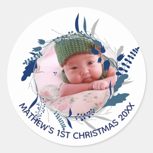 NIEUWE Baby Aankondiging 1e Kerstmis FOTO Festijn Ronde Sticker (Voorkant)