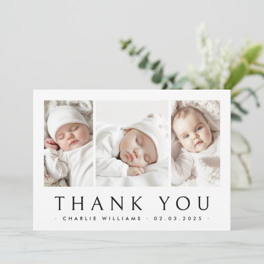Nieuwe baby aankondiging 3 foto dank u kaart (Staand voorkant)