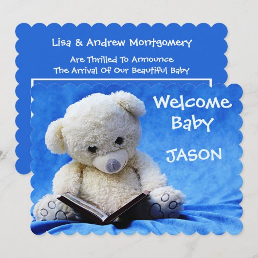 Nieuwe baby aankondiging Kaart, blauw, Schattigee (Voorkant / Achterkant)