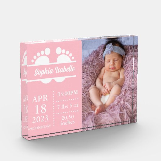 Nieuwe Baby Aankondiging Meisje Geboorte Stat Foto (Links)