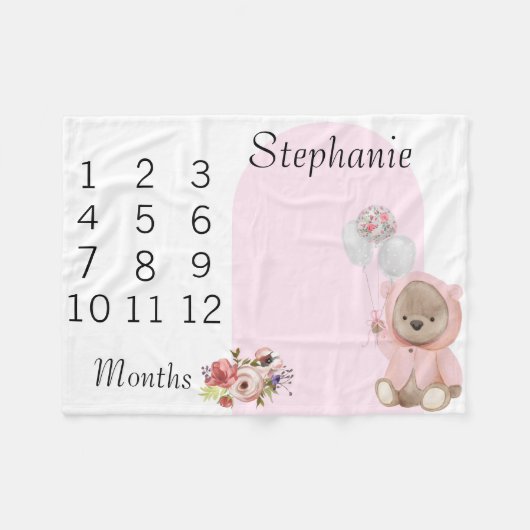 Nieuwe Baby Baby Milestone Pink Teddy Bear Fleece Deken (Voorkant (Horizontaal))