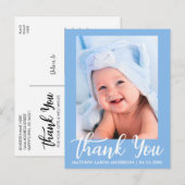 Nieuwe baby bedankt blauw aankondigingskaart (Voorkant / Achterkant)