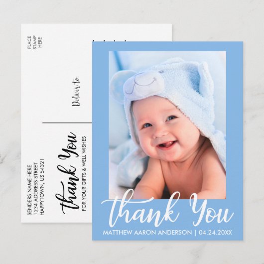 Nieuwe baby bedankt blauw aankondigingskaart (Voorkant / Achterkant)