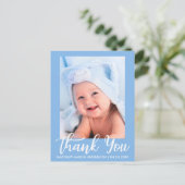 Nieuwe baby bedankt blauw aankondigingskaart (Staand voorkant)