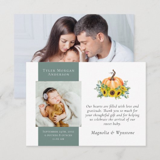 Nieuwe baby bedankt | Herfst Pumpkin Sunflower (Voorkant / Achterkant)
