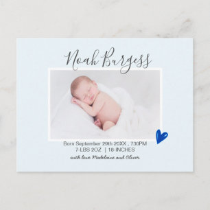 Nieuwe baby Blue Heart Geboortedatum Foto Briefkaart