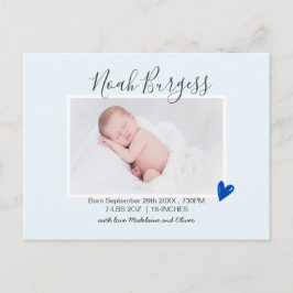 Nieuwe baby Blue Heart Geboortedatum Foto Briefkaart