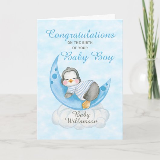 Nieuwe Baby Boy Blauwe Pinguïn Maan Kaart (Voorkant)