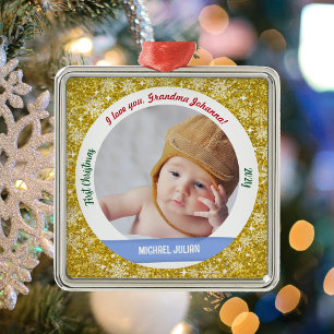 Nieuwe Baby Boy Foto 1e Kerstmis als Oma Golden Metalen Ornament