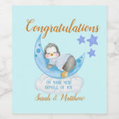 Nieuwe Baby Boy Gefeliciteerd Slapen Pinguïn Wijn Etiket (Enkel label)